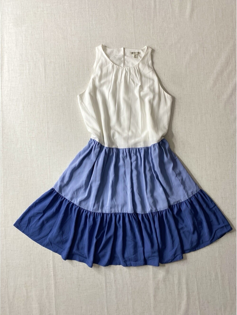 Versona Womens XS Dress White Blue Tiered Colorblock Halter Midi Flowy Pockets